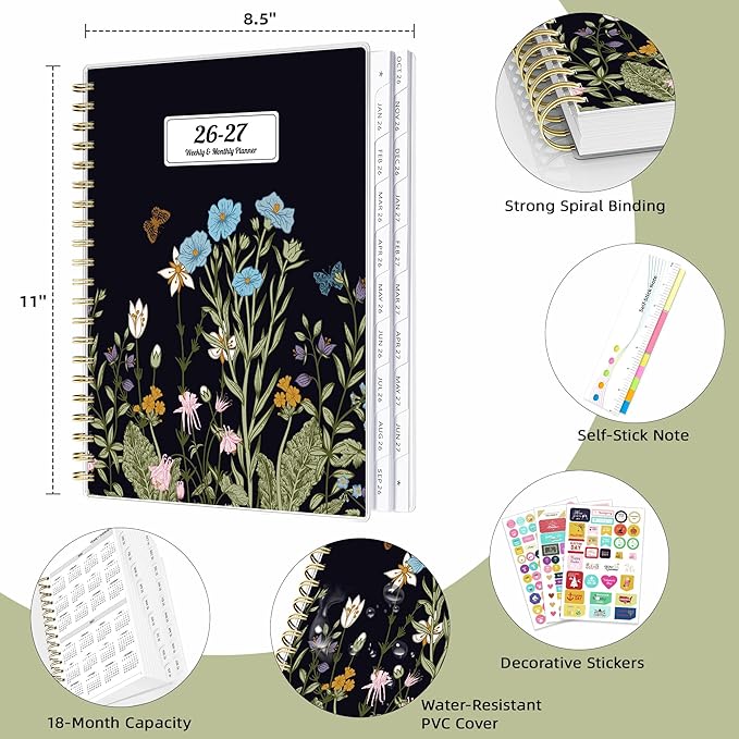 Ospelelf 2026 2027 Planner Weekly and Monthly Calendar Spiral Bound, A4 Office Supplies For Women & Men, 18 Months PVC Cover Life Planners with Stickers Night Flower