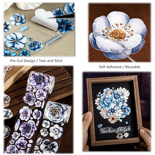 6 Rolls Floral Washi Tape Set,Pre-Cut Scrapbook Flower Tape Stickers for Journaling Supplies,Junk Journal,Scrapbooking,Notebook,Phone Case,Cups,Planner(Flower Dwelling Leisurely)