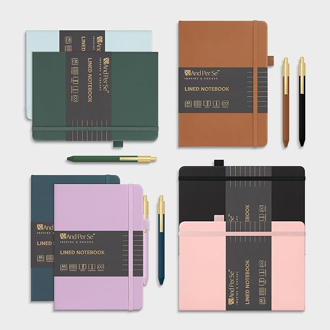 &And Per Se Lined Journal and Pen Set (3 Packs), A5 Leather Hardcover Notebook with Pen & Stationary Set, 160 Pages 100GSM Thick Ruled Paper Journal for Business Work Writing (Black)