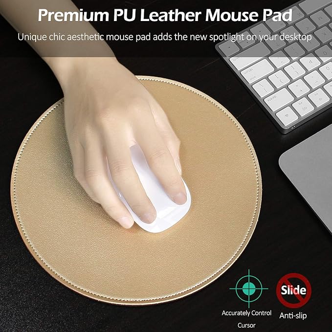 ProElife Mouse Pad for Computer Laptop Accessories, Anti Slip Cute Round Mouse Pad Waterproof PU Leather 8.66-Inch Circular Mousepad Stitched Edges Mat for Home Office School Gaming (Gold)