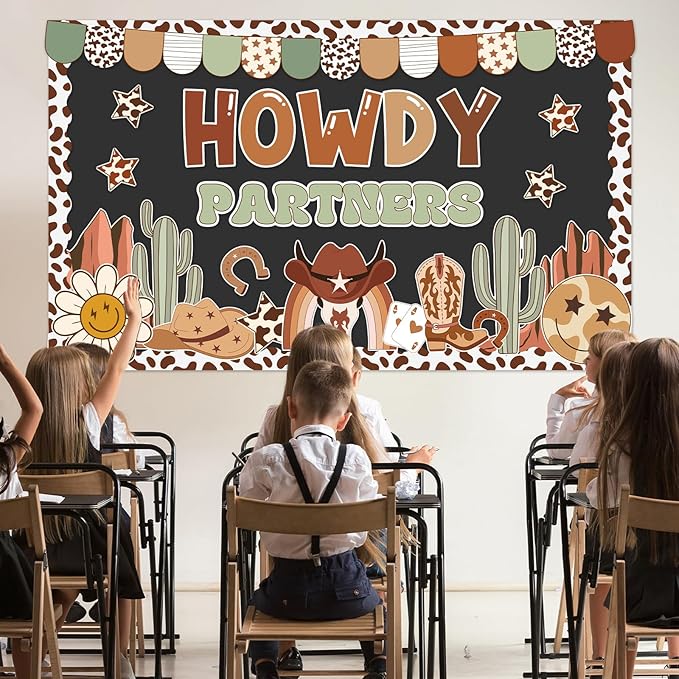 Western Cowboy Bulletin Board Decoration Set Retro Groovy Classroom Decorations Howdy Partners West Cowboy Themed Paper Cutouts for Classroom School Home Wall Chalkboard Office Party Decor Supplies