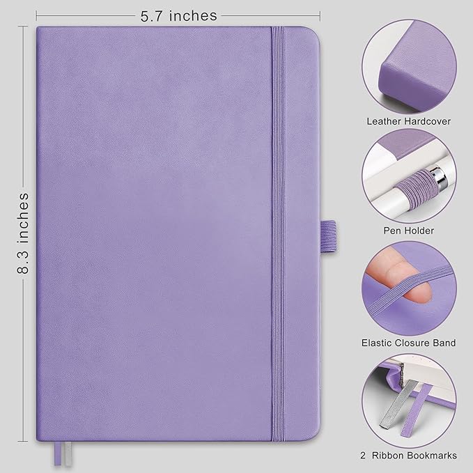 RETTACY Dotted Journal Notebook, 192 Pages, A5 Medium Size (5.7'' x 8.3''), Leather Hardcover, 100 GSM Thick Paper, for Bullet Journaling, Planning, Tracking (Purple)