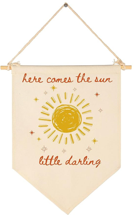 Here Comes the Sun Dear-Sunshine Canvas Banner Flag Sign Wall Decor Gift for Boy Girl Kids Nursery Baby Room Above Crib Bedroom Playroom Door-Positive Quote,Baby,Shower Birthday Christmas Gift