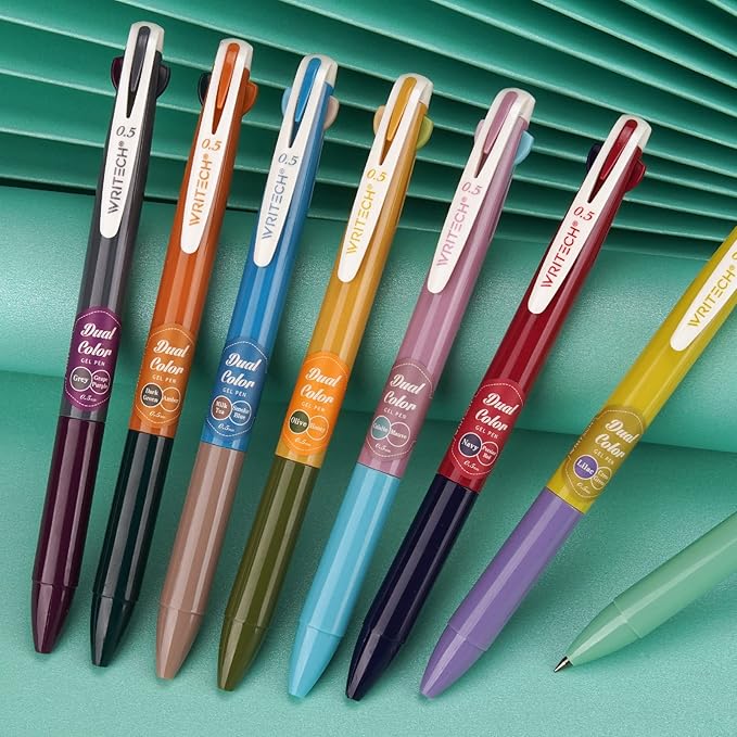 WRITECH Retractable Gel Ink Pens: Multi Colored 2 in 1 Colorful Click Pen Assorted Color 8ct Extra Fine Point Tip 0.5mm Journaling Smooth Writing Note Taking Coloring No Bleed & Smear Smudge