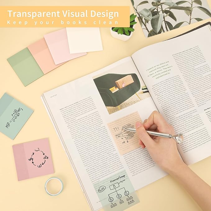EOOUT Transparent Sticky Notes, 6 Pads 3x3 Inch, 6 Colors Pastel Clear Self-Adhesive Waterproof Translucent Sticky Notes, 300 Sheets, for Bible Tabs, Book Tabs, School Supplies, Office