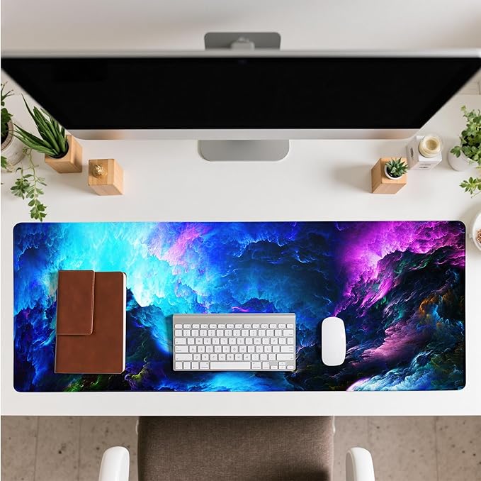 Dazzling Galaxy Gaming Mouse Pad Blue Desk Mat XL Mouse Gaming Pads, Starry Sky Keyboard Pads Extra Large Desktop Computer Mats with Non-Slip Base & Stitched Edges, Vintage Office Decor 31.5x11.8