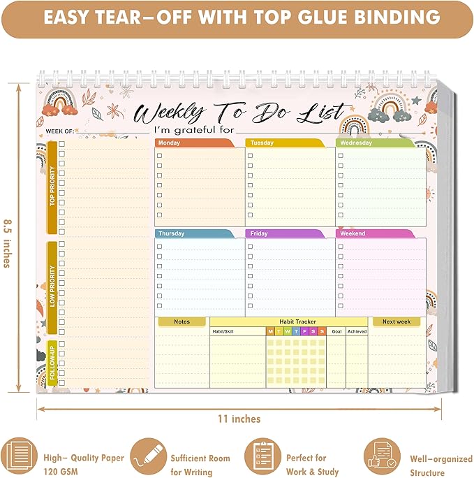 Weekly Planning To-Do-List Pad, 52 Undated Sheets for Daily To-Do Lists, Habit Tracking, Academic Scheduling, and Productivity Goals - Perfect for Work, Home, and Office Organization 8.5x11 inches
