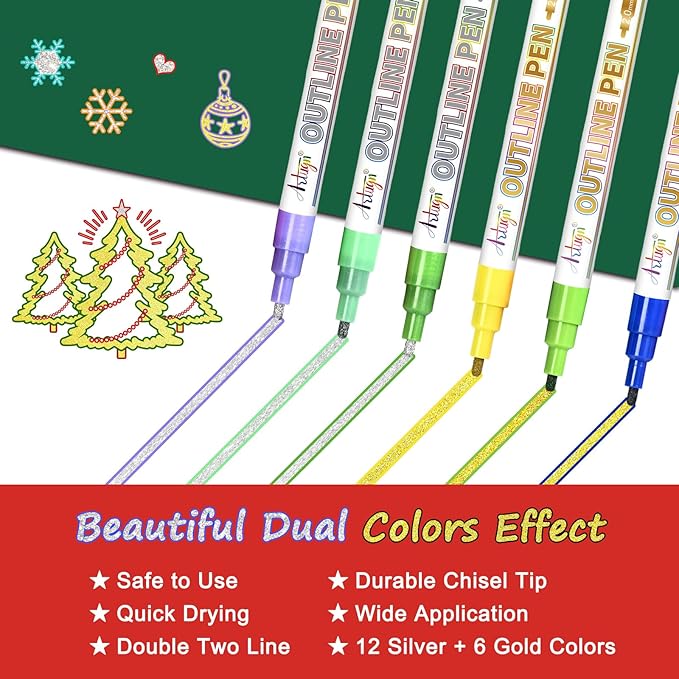 Glitter Markers Outline Pens, Tween Teen Girl Gifts Trendy Stuff, 18 Pack Gold and Silver Shimmer Metallic Marker Arts Supplies for Kids Ages 6 to 8, 9-12 Birthday Valentines Day Gifts