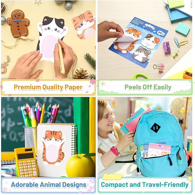 Cute Kitten Cat Shaped Sticky Notes Set - 6 Kawaii Animal Memo Note Pads with Cartoon Cats Design - 360 Sheets Themed Stationery Notepad for School, Office Supplies, Gifts for Cat Lovers