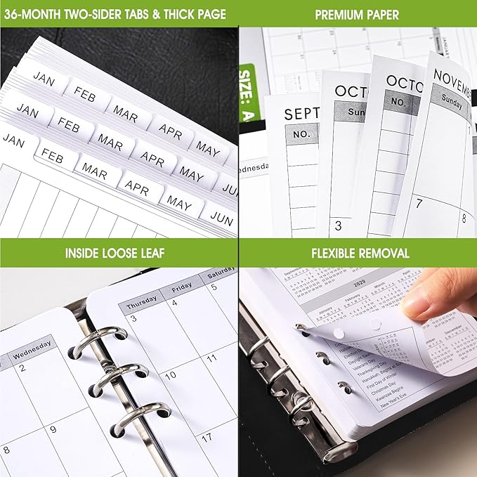 2026-2028 Monthly Planner Refill - A6 Size, Planner Inserts with 6-Hole Punched, January 2026 - December 2028, Two Pages Per Month, 2026-2028 Monthly Calendar with Tabs