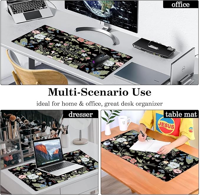 Morning Glory Flower Desk Protector, Stitched Edges Mouse Pad, Large Office Mat, Non-Slip Blotter, Laptop Writing Pad for Office and Home (31.5" x 15.7")