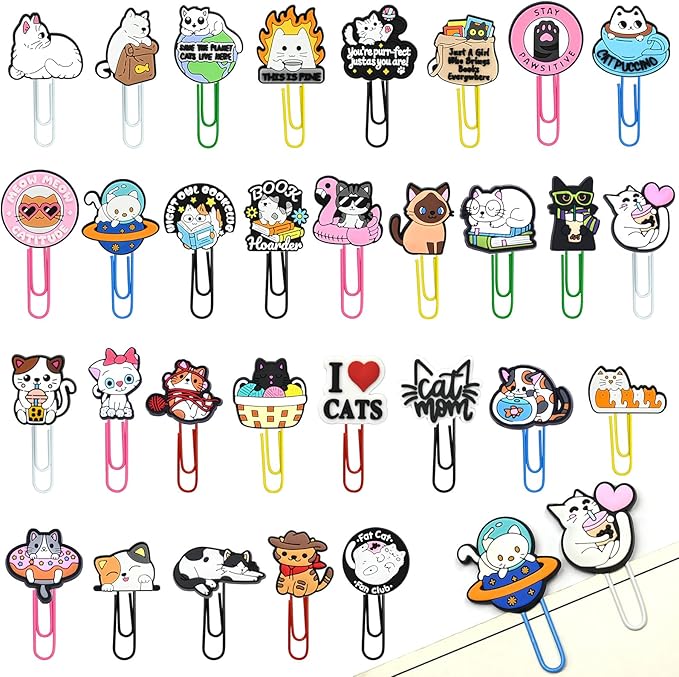 Cute Paper Clips, 30Pcs Cute Cat Bookmark Paperclips Bulk Metal Fun Cute Animal Planner Clip Charm Clamp Desk Accessories Stationery Colorful Office Supplies gifts for Student Teacher Party Decorative