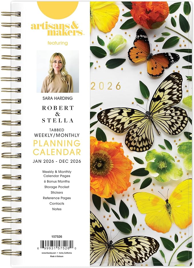 Blue Sky Artisans & Makers Sara Harding 2026 Weekly and Monthly Planner, January 2026 - December 2026, 5" x 8", Flexible Cover, Durable Wire Binding, Laminated Tabs, Pocket, Stickers, Butterflies
