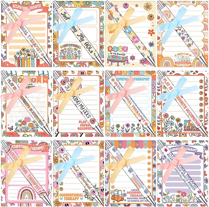 Eaasty 48 Pcs Occupational Therapy Notepads and Ballpoint Pens with Ribbon Bulk OT Month Gifts Thank You Appreciation Gifts for Occupational Therapist Women Coworker Office School Party Favor