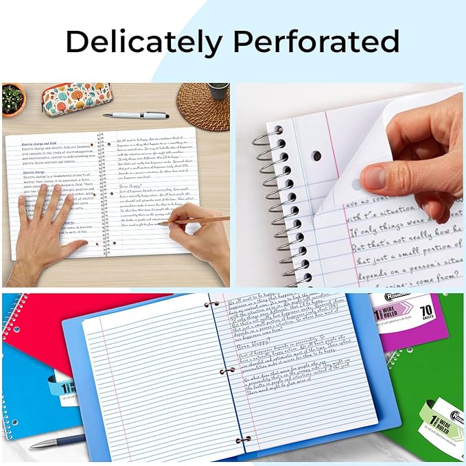 Rosmonde 1 Subject Notebook Wide Ruled, 6 Pack, 70 Sheets (140 Pages), 8 x 10-1/2, 3 Hole Punched Notebooks, Thick No-Bleed Paper, Sturdy Back, Wide Ruled Notebook for School & Office, Assorted Colors