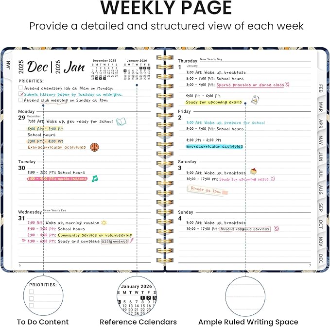 2026 Planner, Weekly and Monthly Calendar Planner for Women, Jan 2026 - Dec 2026, Hardcover Planning Agenda book with Tabs, Spiral Bound, Inner Pocket, Perfect for School Office Supplies, 6.3" x 8.5" - Midnight Magnolia