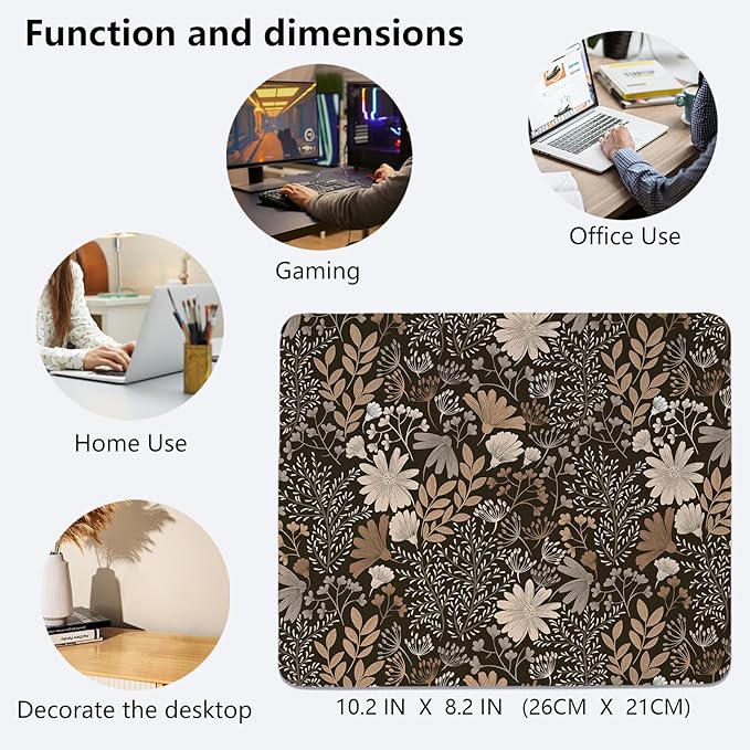 Brown Fall Floral Mouse Pad,Vintage Fall Desk Mat,Girly Black Boho Floral Mouse Pad for Dorm Home Office Desktop Decor,11.8x9.8Inch