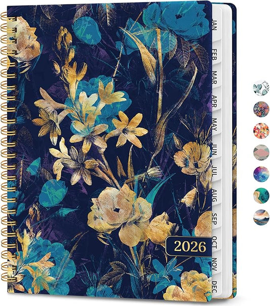 2026 Planner, Weekly and Monthly Calendar Planner Book, January 2026 - December 2026, Hardcover Spiral Planner with Monthly Tabs, Notes Pages, Perfect for Women & Men, A5 (6.4" x 8.5") - Turquoise Fowers