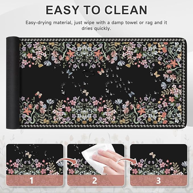 iCasso Large Desk Pad,Aesthetic Mouse Pad Black for Women Girl,Anti-Slip Rubber Base Computer Mat for Desktop,Cute Floral Desk Cover Protector Pad for Office Home School Gaming