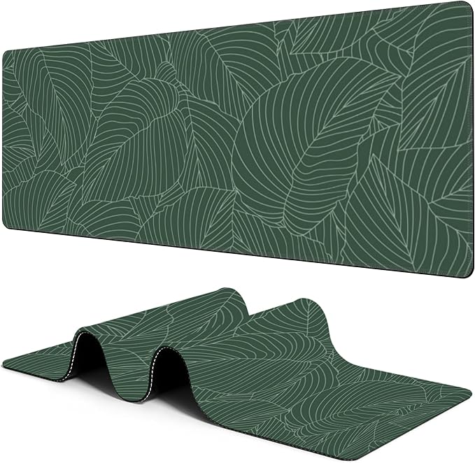 Large Mouse Pad Green Tropical Leaves Extended Gaming Mousepad Waterproof Desk Pad with Non-Slip Base and Stitched Edge Keyboard Pad XL 11.8 x 31.5 Inch Mouse Mat for Home Office Desk Decor