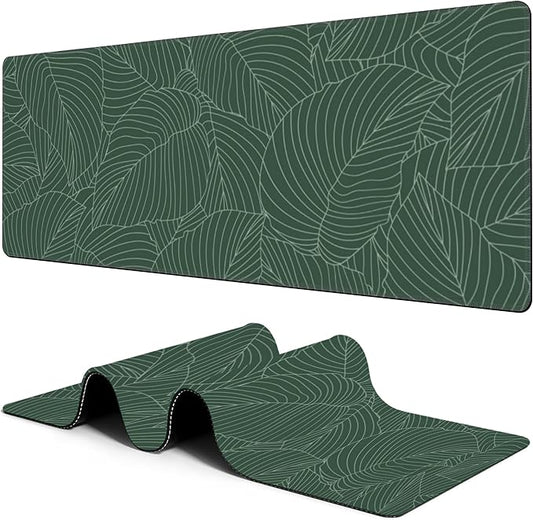 Large Mouse Pad Green Tropical Leaves Extended Gaming Mousepad Waterproof Desk Pad with Non-Slip Base and Stitched Edge Keyboard Pad XL 11.8 x 31.5 Inch Mouse Mat for Home Office Desk Decor
