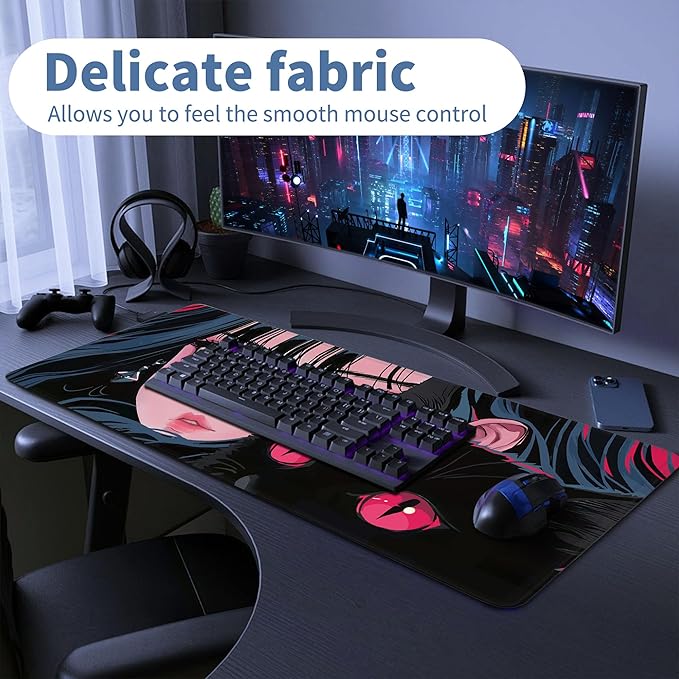 Cute Girl Cat Mouse Pad Anime Large Desk Mat Extended Keyboard Mouse Pad Kawaii Mousepad with Non-Slip Base and Stitched Edge Gaming Mouse Mat Desk Pad 31.5 X 11.8 in Mouse Pads for Desk Home Office