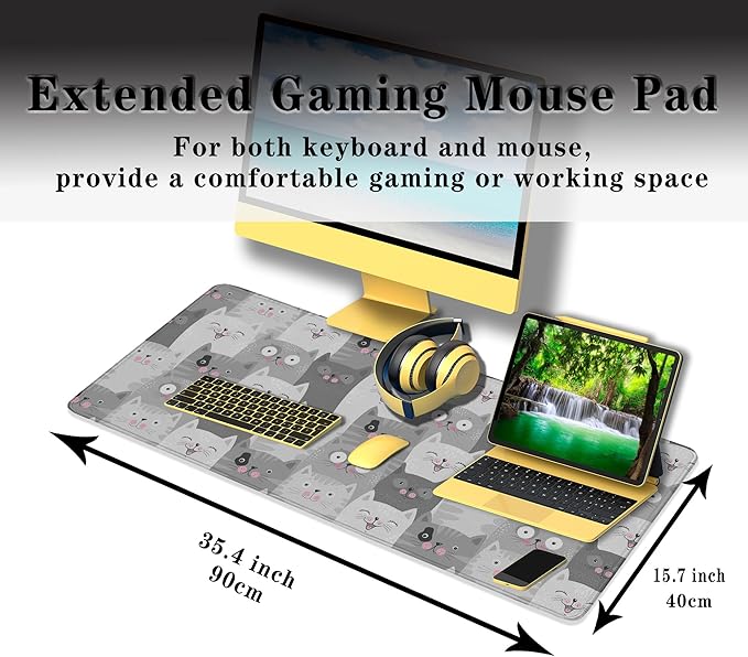 Keyboard Mouse Pad Funny Gray Cats, Large Mousepads Computer Desk Mat, XXL Gaming Mouse Pad Non-Slip Rubber Base Waterproof with Stitched Edges, 35.4 X 15.7 inch for Work/Game/Office/Home