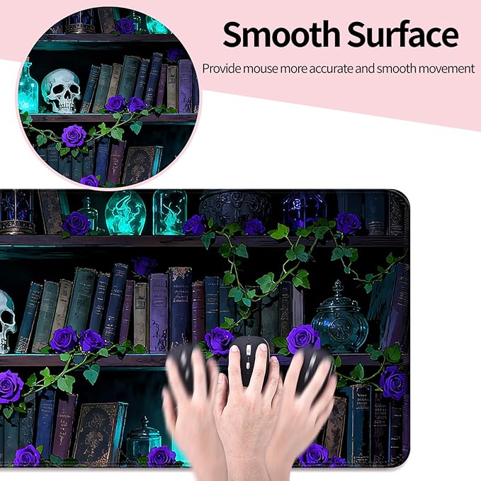 Dreamy Blue Rose and Magic Book XL Large Desk Mat, Extended Long Desk Pad for Gaming and Office, Non-Slip Rubber Base, Comfortable Surface Mouse Pad, 31.5x11.8 in (H18)
