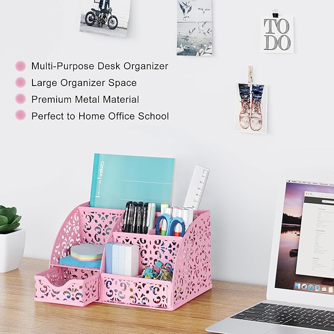 EasyPAG Pen Holder Desk Organizer with Drawer Pencil Cup for Desk 6 Compartments Metal Office Caddy Storage with Sticky Notes Holder for School Home Office, Pink