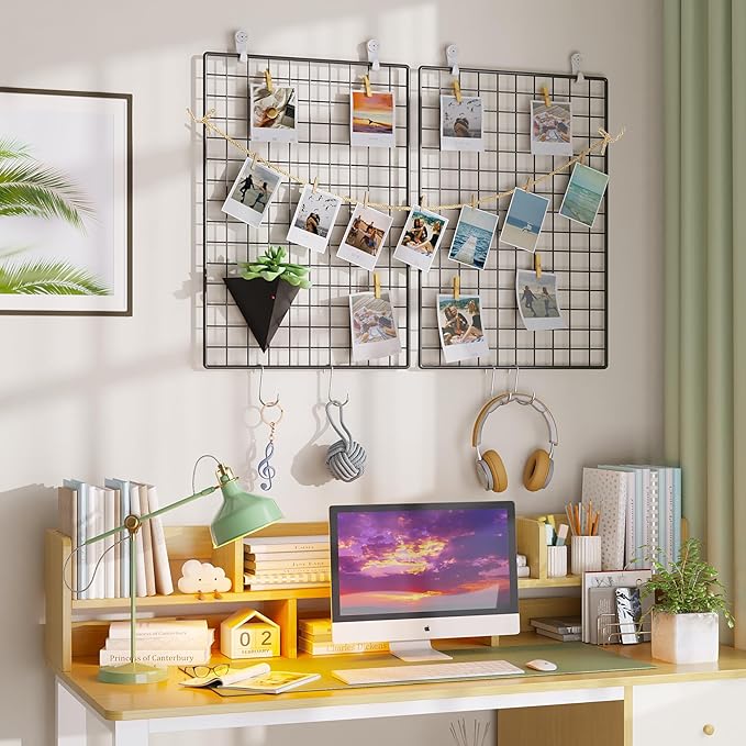 C&AHOME Photo Wall Display Set of 2, Grid Panel with Hooks, Clips, Hemp Cord, Hammer - 17.7" x 25.6", Black UWWGM4565B