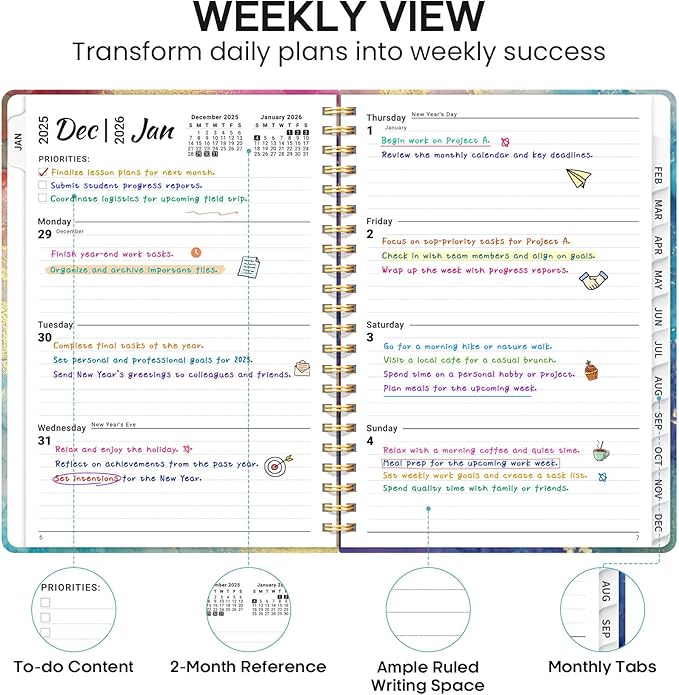 2026 Planner, Weekly and Monthly Calendar Planner Book, January 2026 - December 2026, Hardcover Spiral Planner with Monthly Tabs, Notes Pages, Perfect for Women & Men, A5 (6.4" x 8.5") - Gold