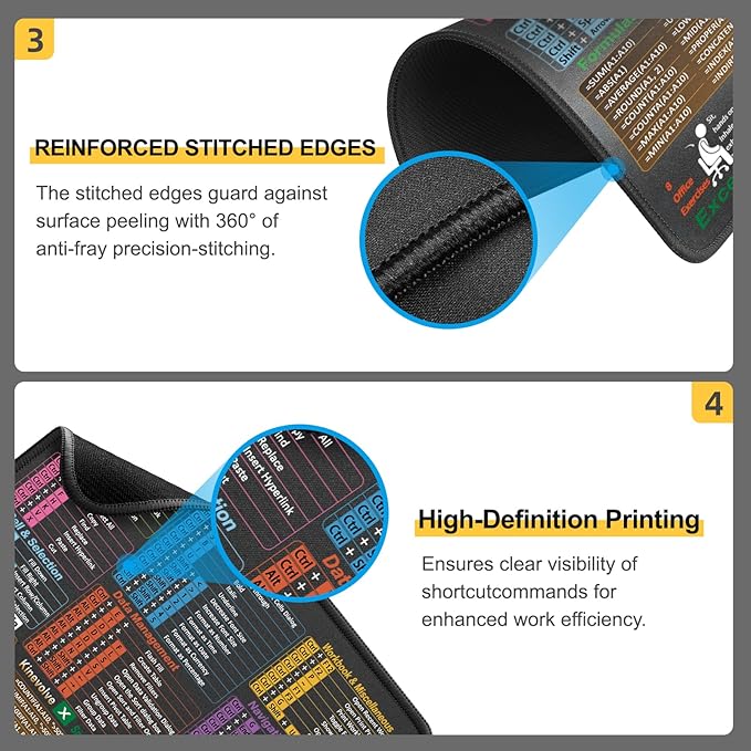 Mouse Pad for Excel Shortcuts – Small Excel Spreadsheet Cheat Sheet Desk Pad – 11.8"x9.8" Portable Computer Mousepad – Gaming, Office, Waterproof, Non-Slip, Stitched Edges