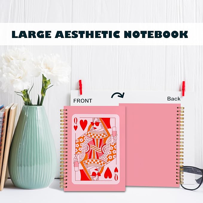 BearCake Funny Pink Queen of Hearts Notebook Journal, Preppy Pink Aesthetic Notebooks Office Supplies, Hardcover Spiral Notebook 5.5x8.3, Desk Accessories for Women Office