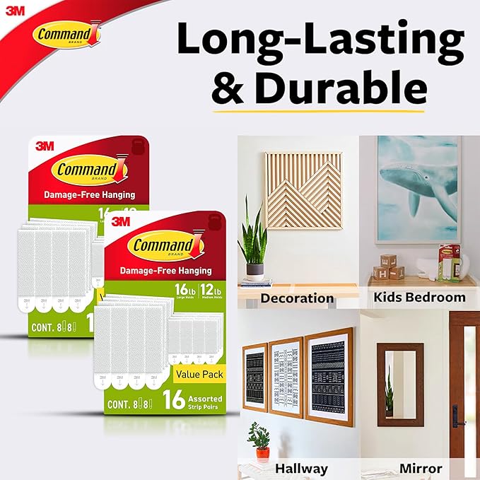 Command Medium and Large Picture Hanging Strips, Damage Free Hanging Picture Hangers, No Tools Wall Hanging Strips for Living Spaces, White, 16 Medium Pairs and 16 Large Pairs (64 Total)