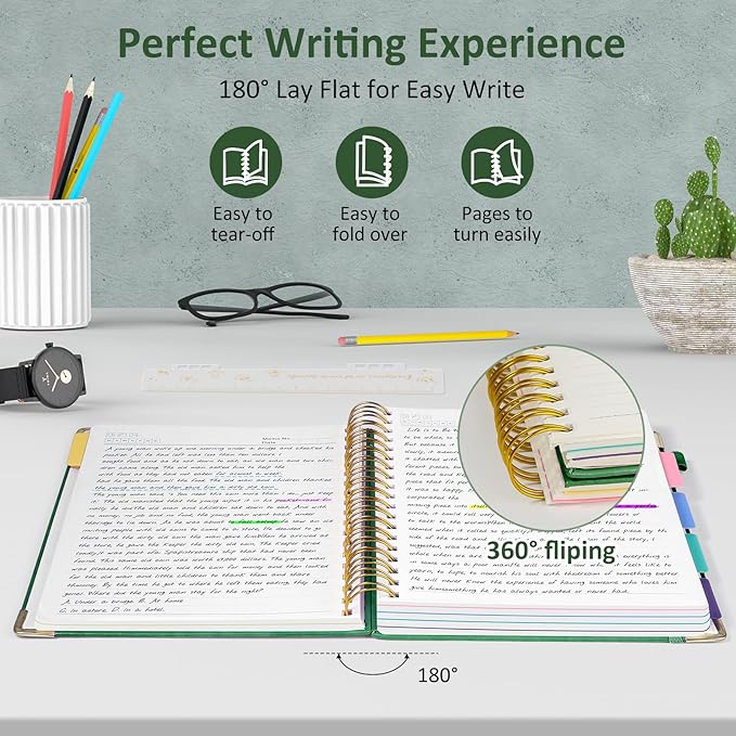 Hardcover Spiral Notebook Journal with Removable PVC Dividers - 8'' x 10'' Large 300 Pages B5 Hardcover Leather Lined Journals Notebook with Tab for Work Note Taking Office Home School Supplies, Green