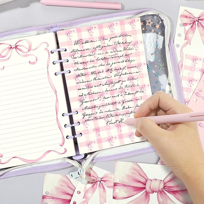 100 Sheets Pink Bow A5 Refills Paper for Planner Inserts Binder, Thick 6 Hole Notebook Refill, 120GSM Filler Insert Loose Leaf Paper for A5 6 Ring Binder Travel Journal Diary Budget, Lined & Blank