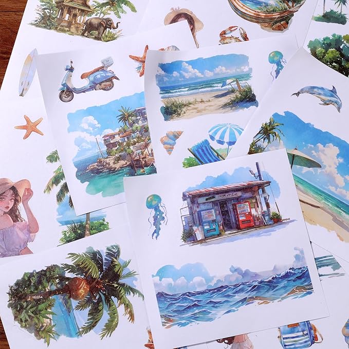 50 Sheets Beach Stickers for Scrapbooking 200 Pre-Cut Washi Sticker Girl Landscape Stickers for journaling Scrapbooking Supplies Collage Decorative DIY Arts Craft Making