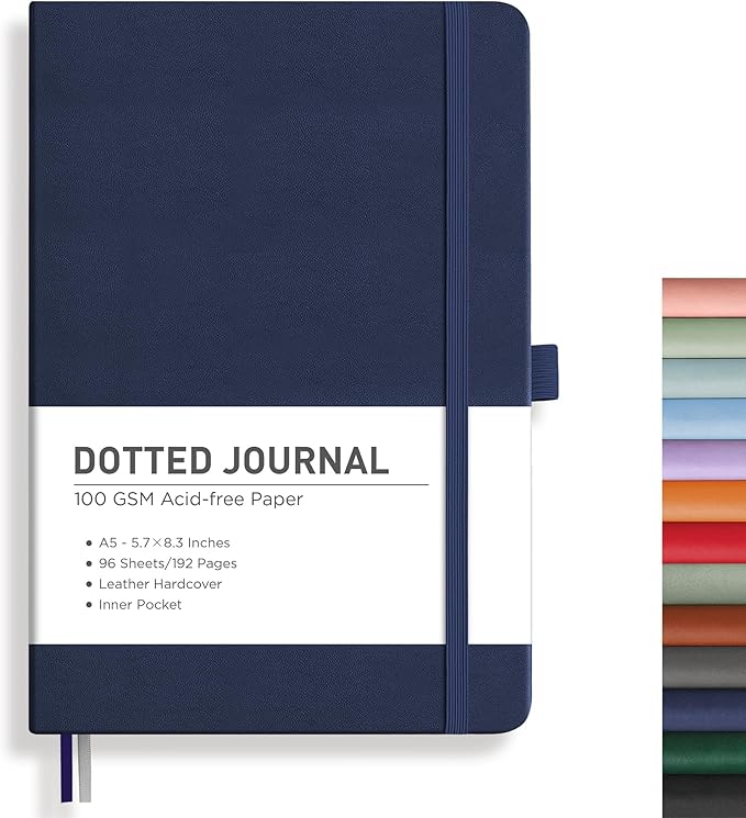 RETTACY Dotted Journal Notebook, 192 Pages, A5 Medium Size (5.7'' x 8.3''), Leather Hardcover, 100 GSM Thick Paper, for Bullet Journaling, Planning, Tracking (Navy Blue)