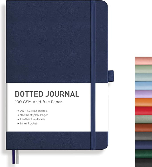RETTACY Dotted Journal Notebook, 192 Pages, A5 Medium Size (5.7'' x 8.3''), Leather Hardcover, 100 GSM Thick Paper, for Bullet Journaling, Planning, Tracking (Navy Blue)