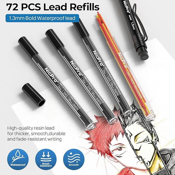 Nicpro 3 Pack Weatherproof Mechanical Pencil Set, 1.3mm Mechanical Pencils, Heavy Duty Lead Pencil for Outdoor All Weather Marking Drafting Drawing with 48 Lead Refills, Erasers, Case (Black, HD1000)