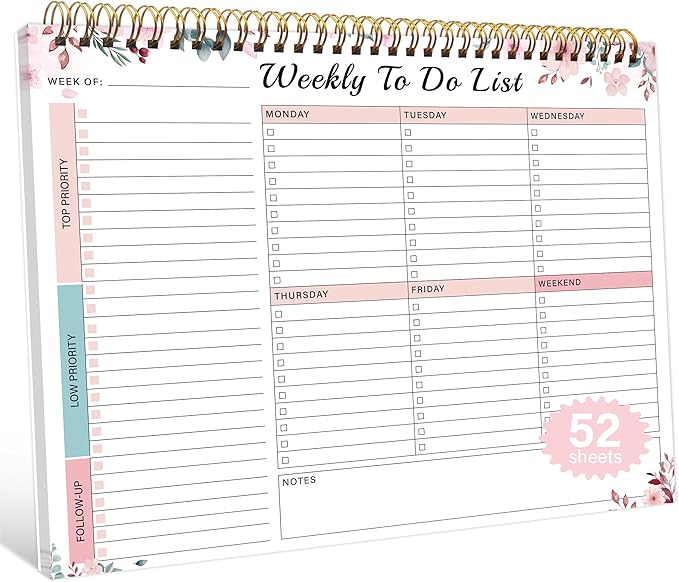 Kamoy Weekly To Do List Notepad with 52 Undated Sheets（8.5"×11"）- Undated Weekly Desk Planner Organizer for Work Home School Office Supplies
