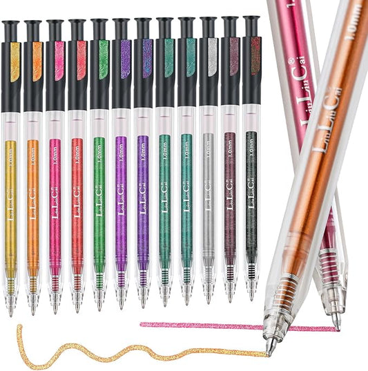 12 Colors Retractable Glitter Gel Pens, Large Capacity Metallic Sparkle Gel Ink Pens &1.0 mm Fine Tip, Colored Glitter Pens for Adult Coloring Book Drawing Note Taking Writing Doodling