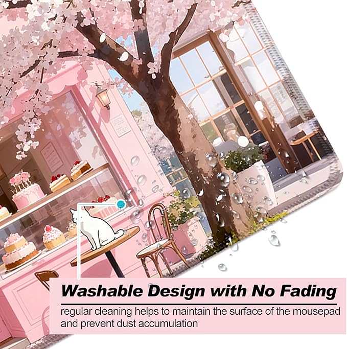 Japanese Anime Pink Cherry Blossom Cake Shop XL Large Desk Mat, Extended Long Cat Desk Pad for Gaming and Office, Non-Slip Rubber Base, Comfortable Surface Mouse Pad, 31.5x11.8 in (H15)