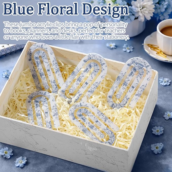 Tinlade 12 Pcs Blue Floral Jumbo Acrylic Paper Clips 4 x 2 Inch Blue and White Cute Giant Paperclips for Teachers Students Classroom Office Bookmark Gift Home Desk Accessories Book Lovers
