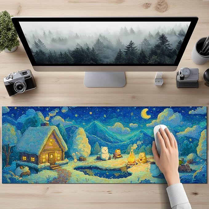 XL Mouse Pad 31.5 x 11.8 Inch Gaming Mousepad Diatomite Large Keyboard Mouse Pad for Home and Office Desk Accessories with Winter Cabin Starry Sky Bear Campfire Artwork
