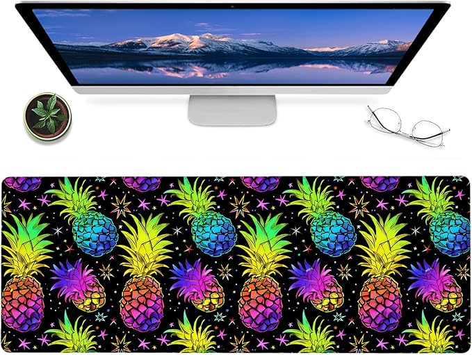 Rainbow Pineapple Gaming Mouse Pad – 12x31.5in Non-Slip Rubber Desk Mat with Vibrant Tropical Design – Large Extended Mousepad for Office Home – Deskmat Gifts for Summer Lovers Decor