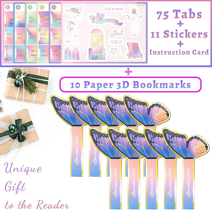 Bible Tabs with Unique Stickers, Gold Foil Laminated Bible Tabs, Bible Tabs for Women, Christian Gifts, Large Print Bible Tabs, Bible Book Index Tabs Labels, Bible Study Supplies (Rainbow HD10)