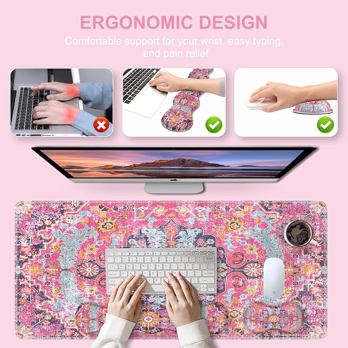 iLeadon Desk Mat Set, Mouse Pad with Wrist Rest + Keyboard Wrist Rest + Large Mouse Pad + Coaster, 4in1 Rug Large Gaming Mouse Pad Set for Home Office, Boho Retro Art