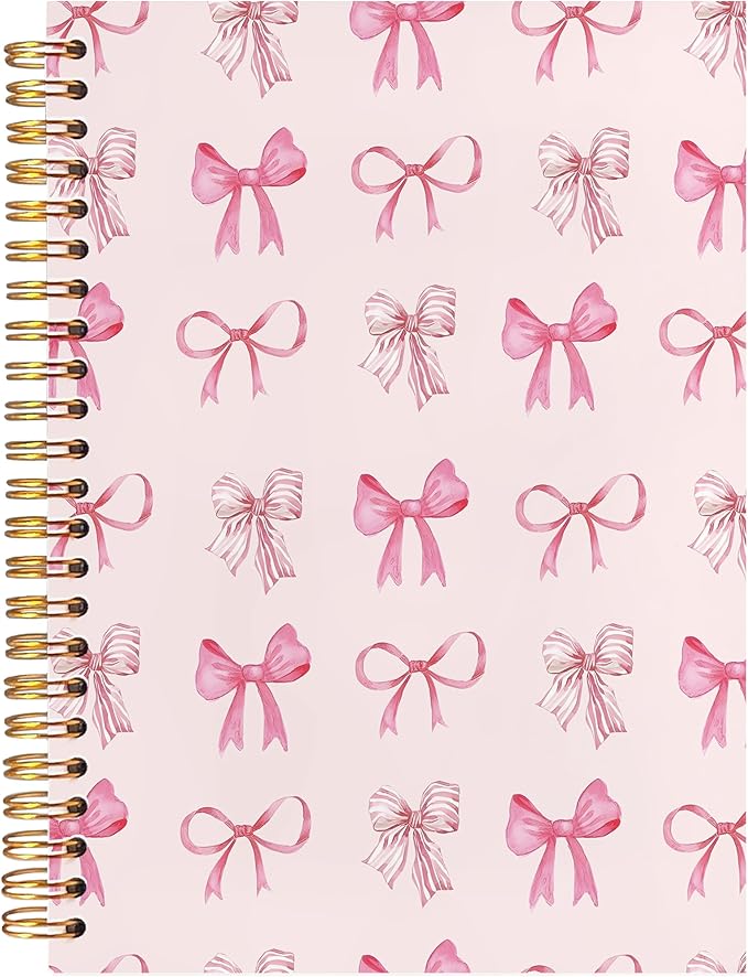 BearCake Pink Bow Sticky notebook,Cute Preppy Journal,Trendy Coquette Pink Bow Notebook for Women note taking, Hardcover Spiral Notebook 5.5x8.3
