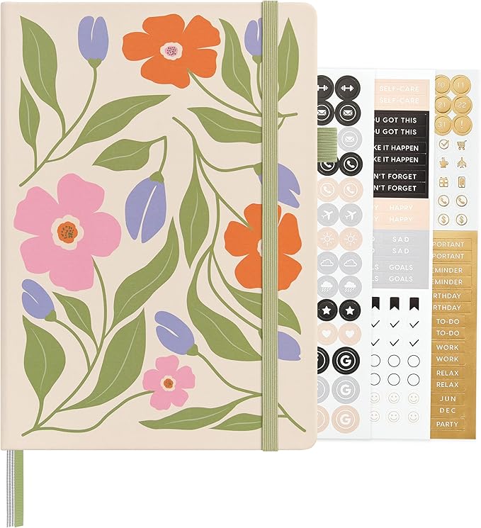 &And Per Se Bullet Dotted Journal, A5 Hardcover Aesthetic Notebook – 160 Pages 100gsm Thick Dot Grid Paper, 3 Sticker Sheets – Gift-Ready Journaling Kit for Women (Botanical Floral)